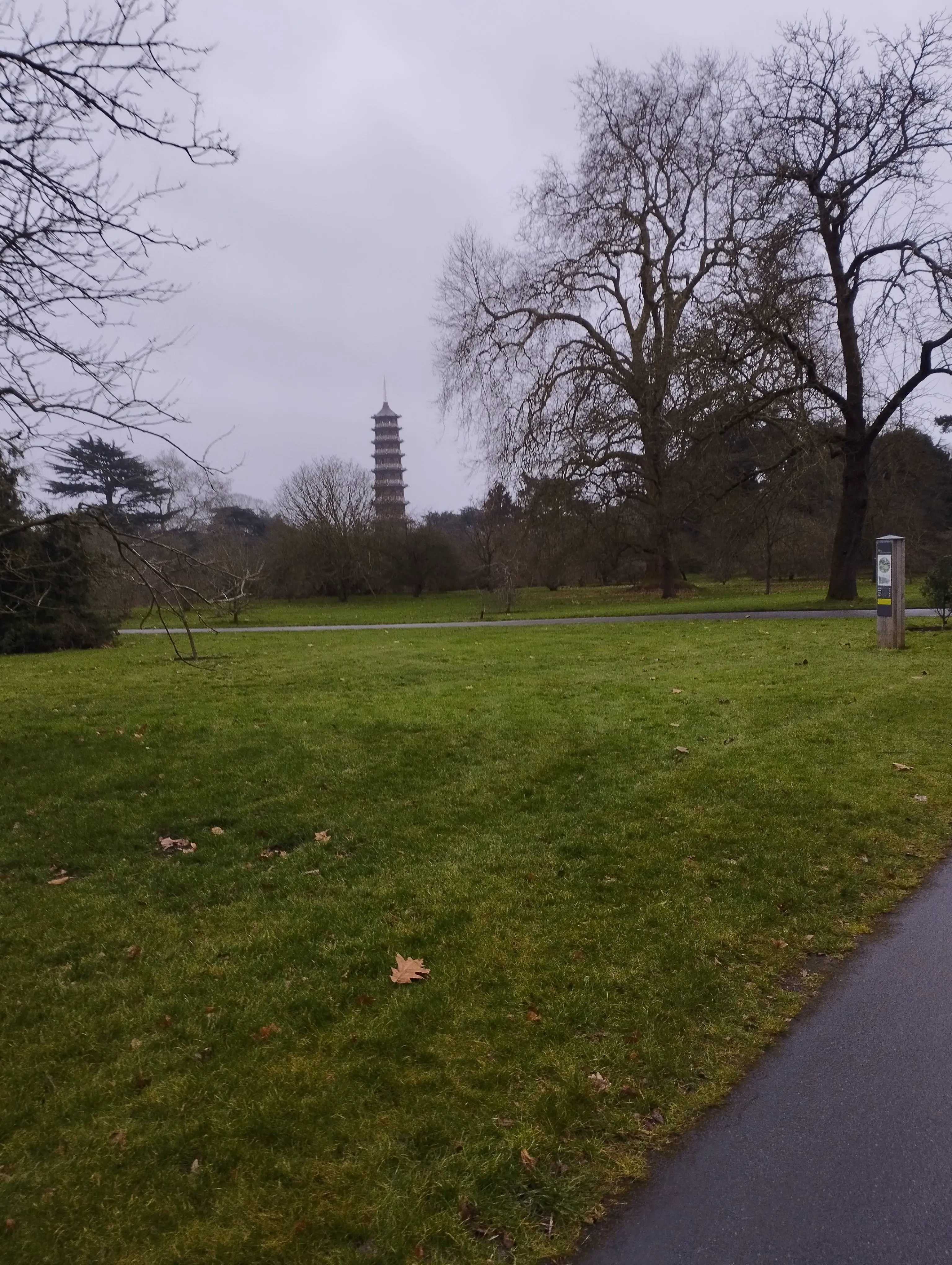 Park with an eight story pagoda in the background.